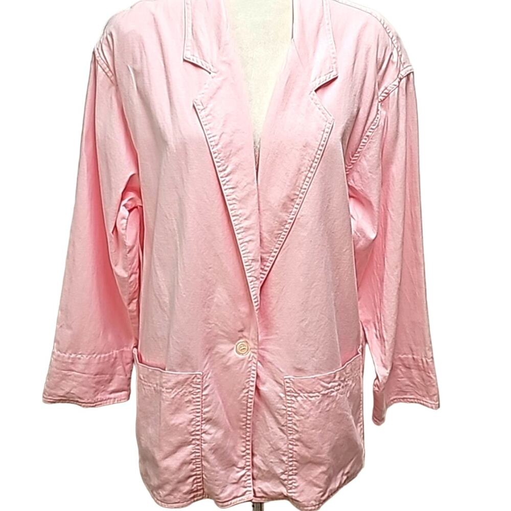 Rafaella Womens Pink 100% Cotton Blazer Collar Roll Sleeve Striped 2 Pocket Sz M